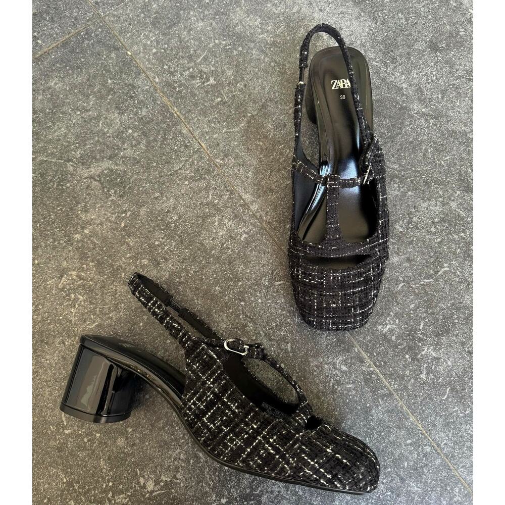ZARA Textured Slingbacks NWT 🖤 Tweed Fabric Block Heel Size 7.5 8 - Picture 10 of 16